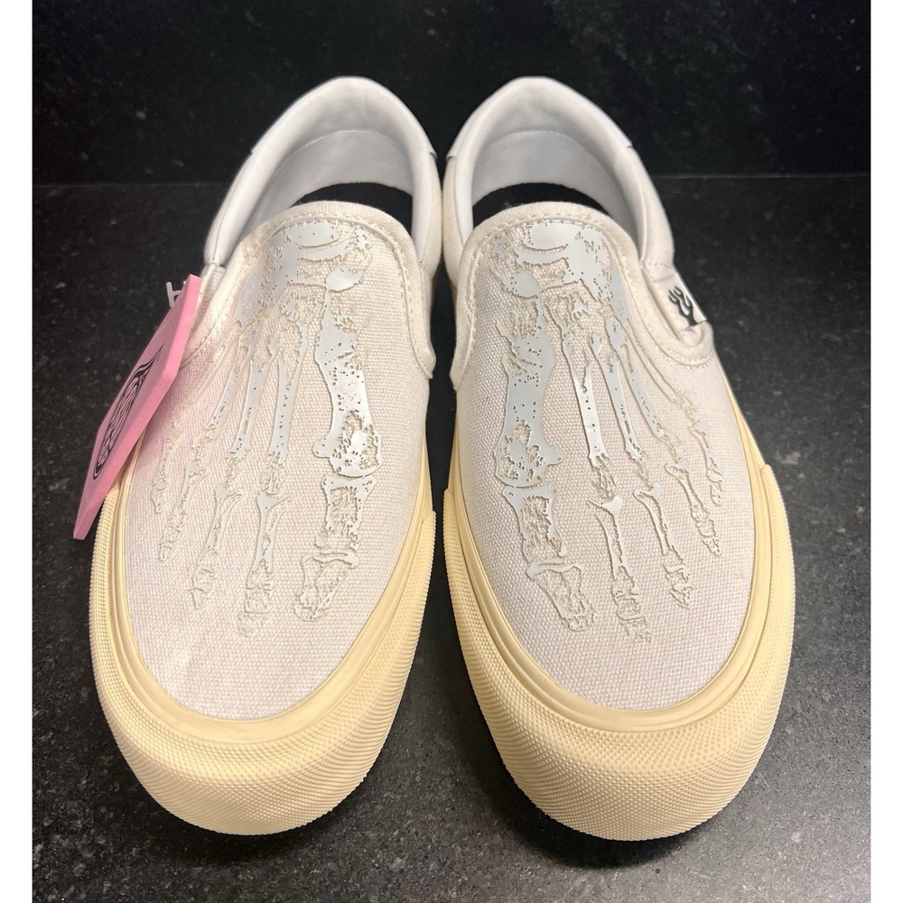Women’s Slip-On Athletic Shoes - Cream Canvas with Skeletal Print